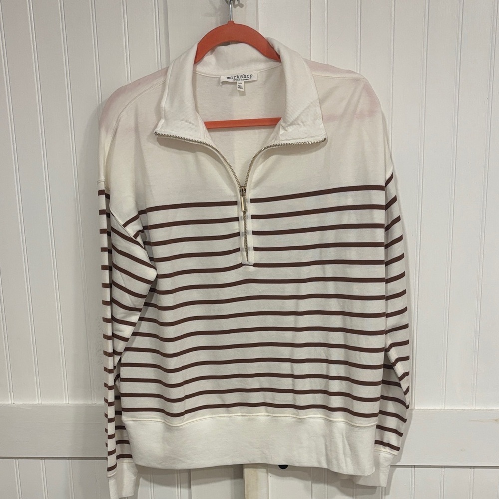 Workshop Republic Clothing 1/2 zip, brown striped, white, soft Pullover size L